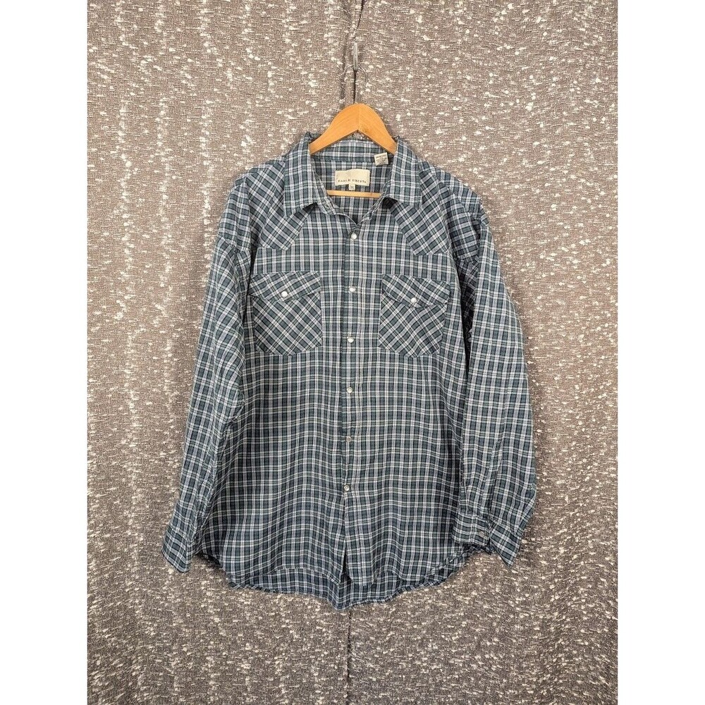 Vintage Eagle Crest Pearl Snap Western Long Sleeve Flannel Blue Green Plaid‎ 2XL